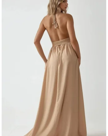 Rochie maxi,  decolteu in V, textil, bej