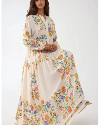 Rochie maxi,  decolteu in V, bej, textil