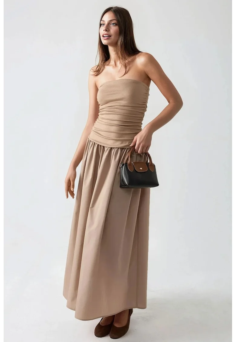 Rochie maxi,  fara bretele, maro, textil