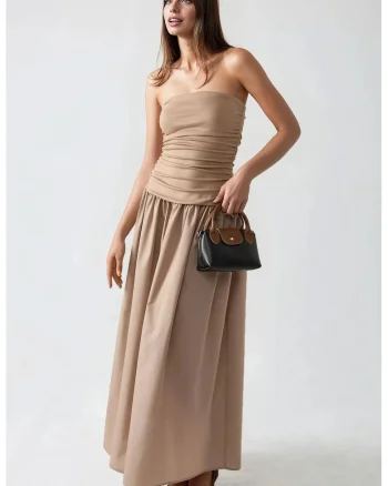 Rochie maxi,  fara bretele, maro, textil