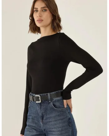Bluza  guler tip barca, maneca lunga, negru, jerseu