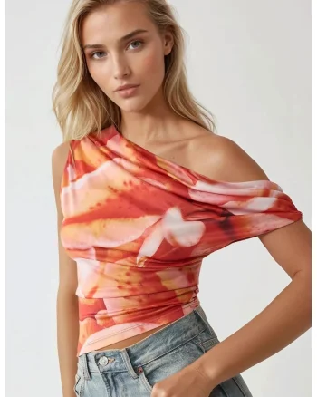Top ,  top scurt mulat, imprimeu floral, rosu, jerseu