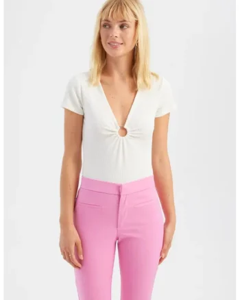 Top  cu decolteu in V, maneca scurta, detaliu incretit, Alb, textil