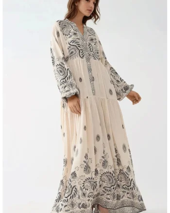 Rochie maxi,  decolteu in V, detalii cu nasturi, gri, textil