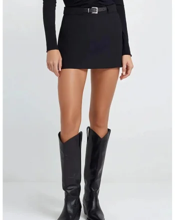Fusta mini dreapta dama,  talie normala, textil, negru