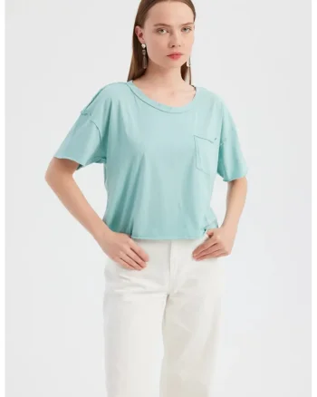 Tricou dama  decolteu rotund, bumbac, albastru