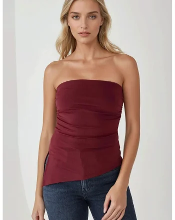 Top tricotat fara bretele,  slim fit, rosu, jerseu/tricot
