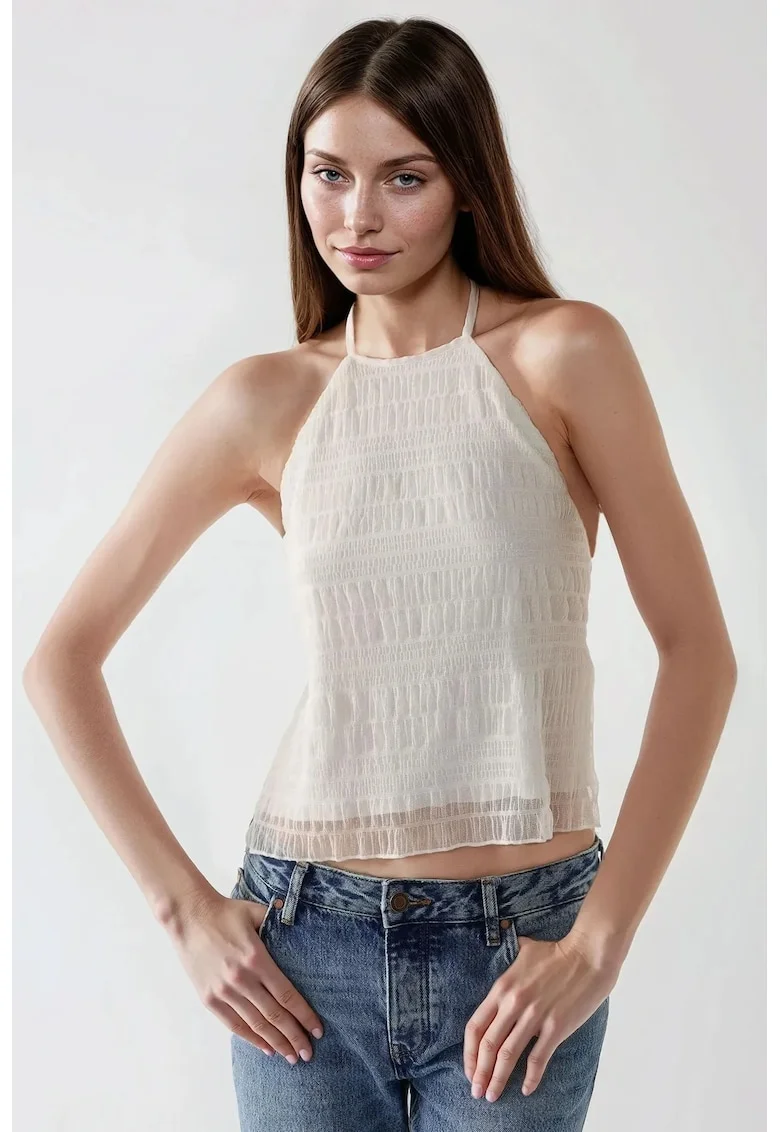Top dama,  texturat cu decolteu halter, alb, jerseu