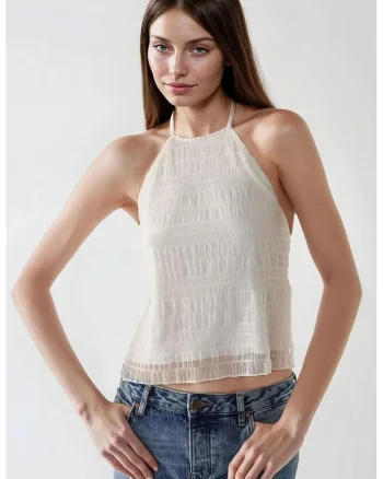 Top dama,  texturat cu decolteu halter, alb, jerseu