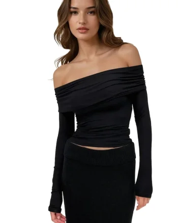 Bluze dama,  bluza drapata cu umeri goi, negru, jerseu viscoza