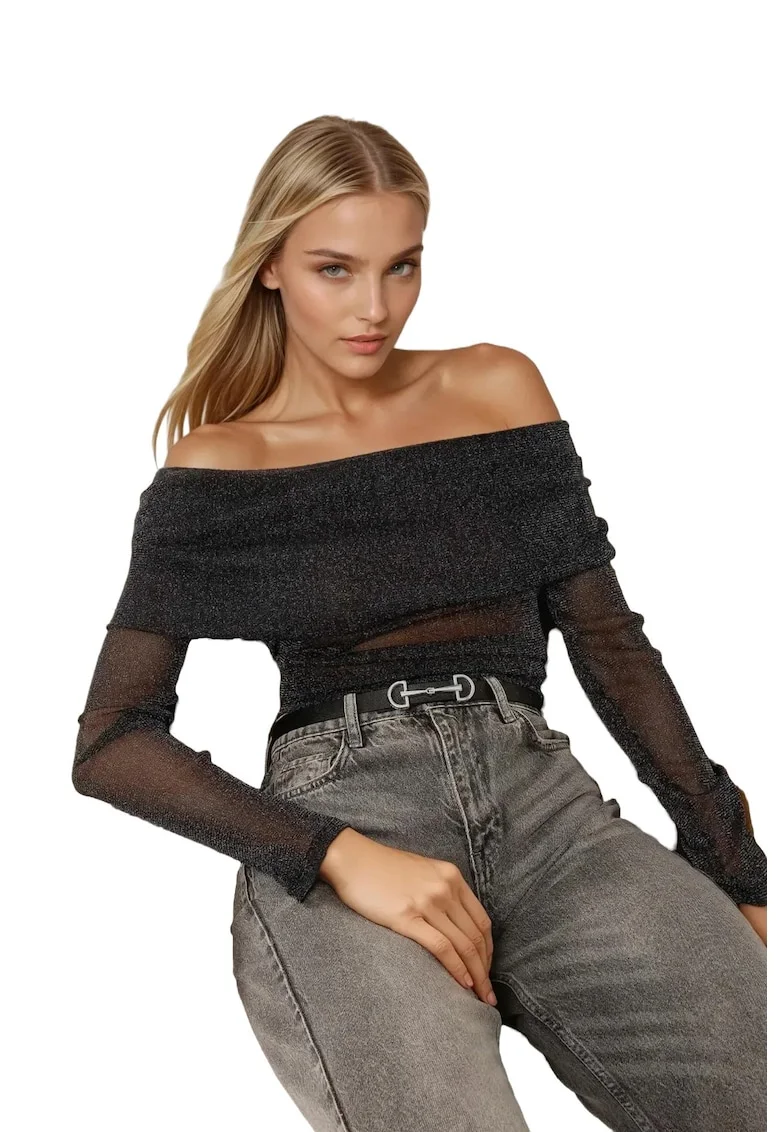 Bluza dama,  din tul, cu umeri goi, neagra, poliester