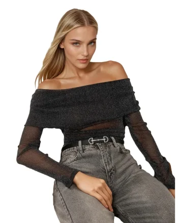 Bluza dama,  din tul, cu umeri goi, neagra, poliester