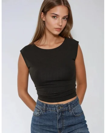 Top ,  top scurt din viscoza, spate deschis, croiala slim fit, negru, jerseu