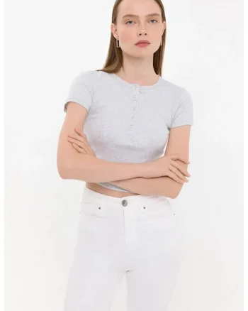Tricou dama,  maneca scurta, guler rotund, bumbac, Gri,