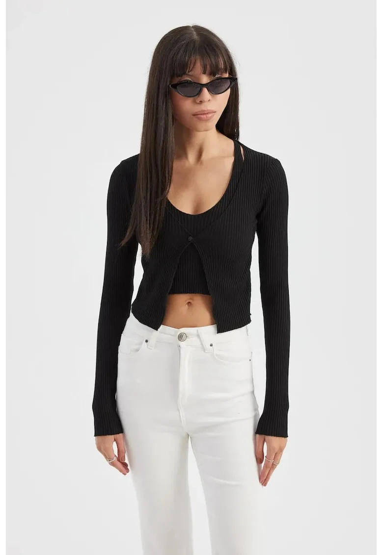 Top scurt, femei, set Twin: cardigan tricotat cu decolteu in V, maneca lunga, detaliu cu nasturi si top scurt, negru