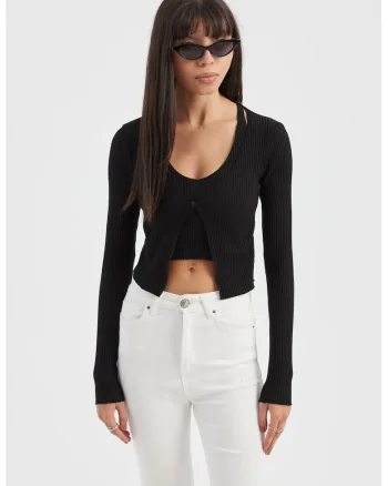 Top scurt, femei, set Twin: cardigan tricotat cu decolteu in V, maneca lunga, detaliu cu nasturi si top scurt, negru