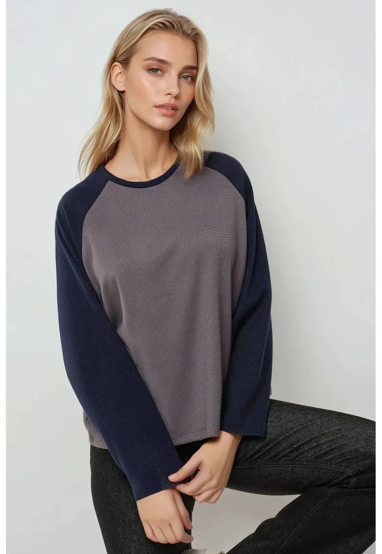 Bluza dama,  tip waffle, maneca lunga raglan, gri, Gri