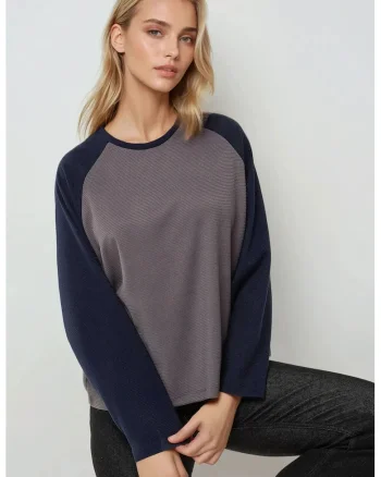Bluza dama,  tip waffle, maneca lunga raglan, gri, Gri
