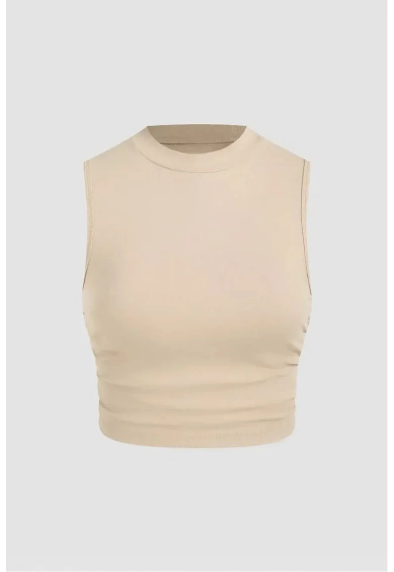 Bluza dama  detalii incretite, bej, jerseu poliester