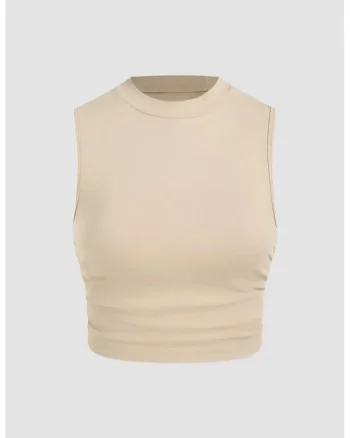 Bluza dama  detalii incretite, bej, jerseu poliester