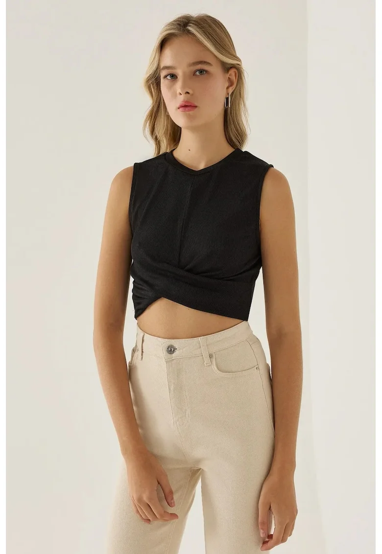 Maiou crop tricotat  negru, poliester, design asimetric
