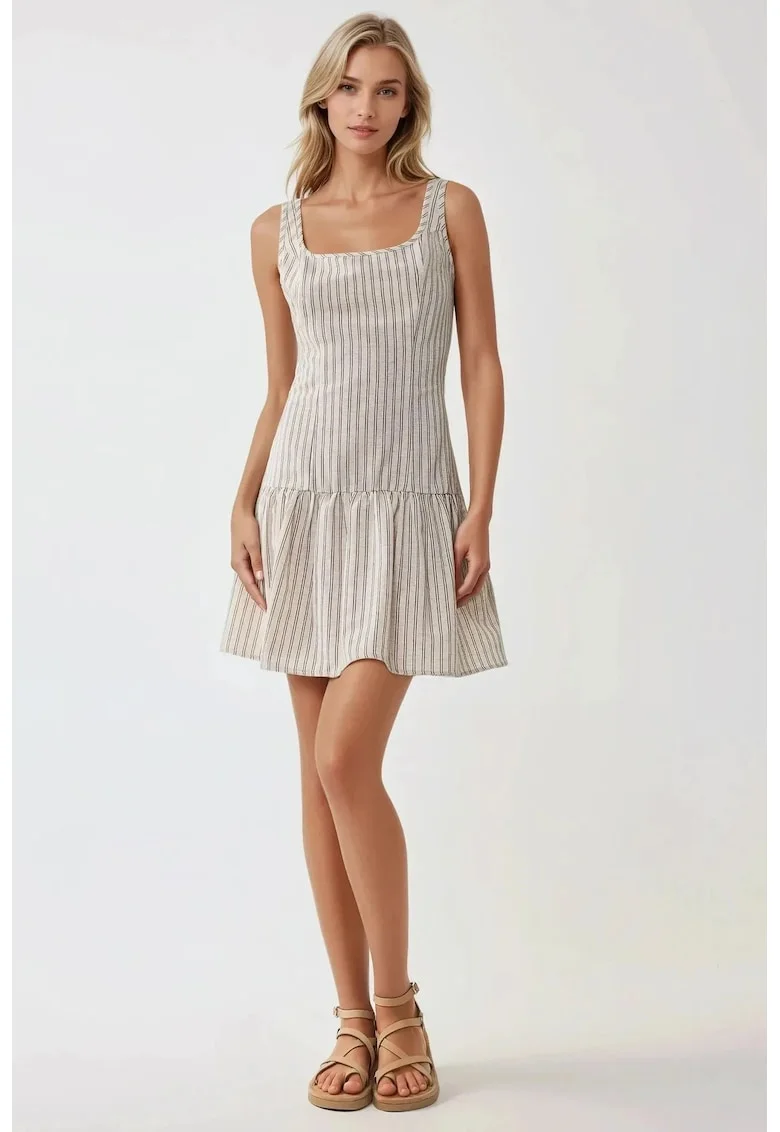 Rochie mini,  mulata, guler patrat, bej, textil