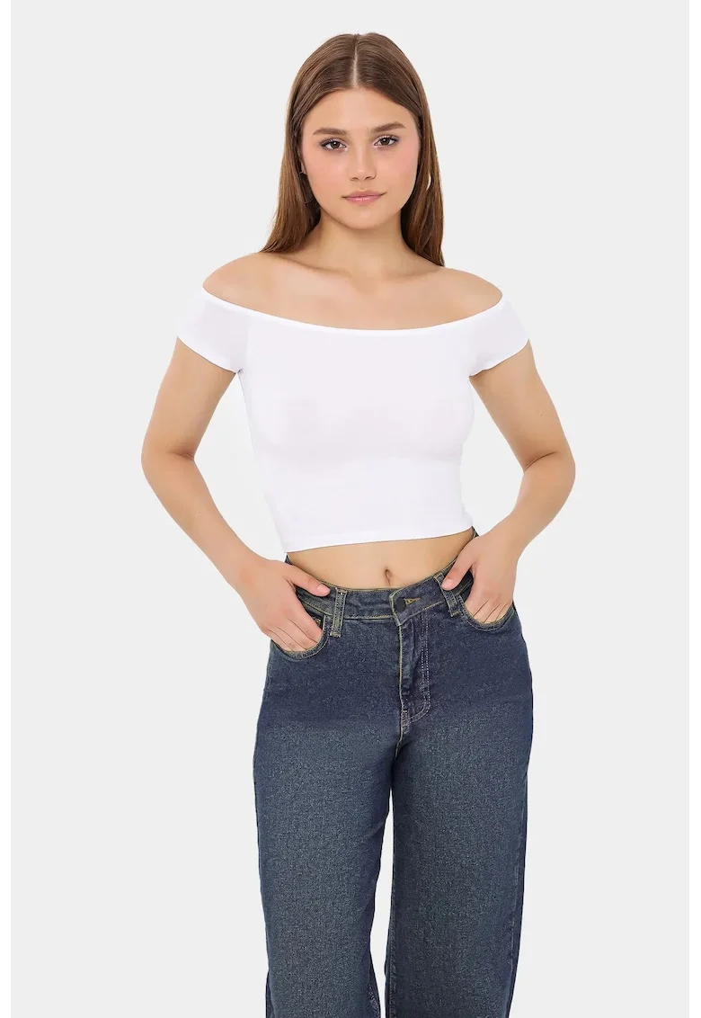 Top dama,  top scurt cu umeri goi, alb, bumbac