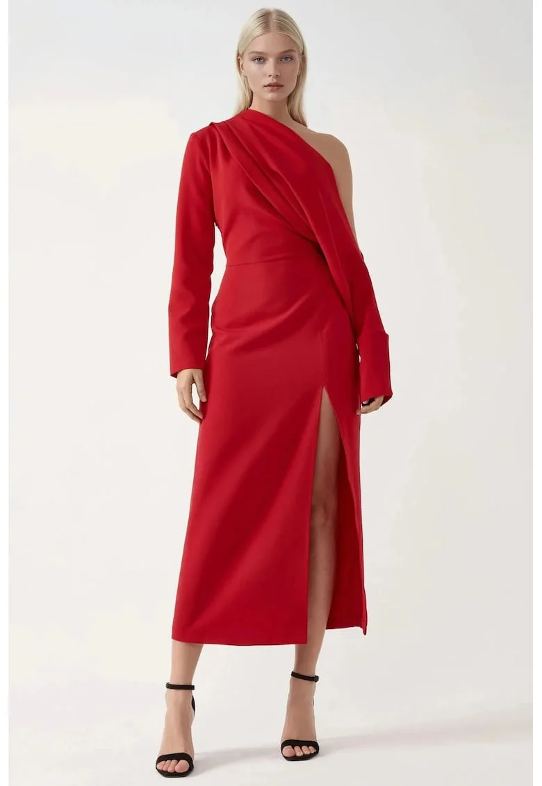 Rochie midi,  guler asimetric, crapatura, rosu