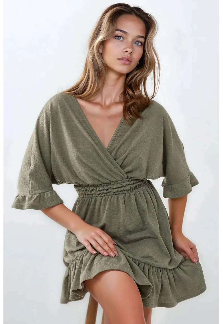 Rochie mini,  texturata, decolteu in V, verde, jerseu