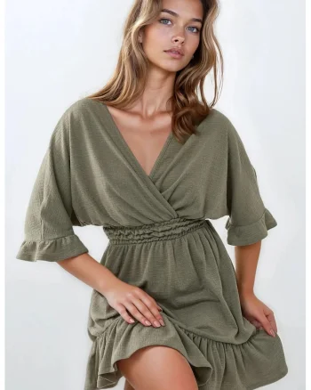 Rochie mini,  texturata, decolteu in V, verde, jerseu