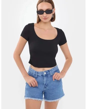 Top scurt dama,  decolteu rotund, negru, jerseu