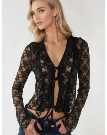 Bluza dama,  dantela, maneca lunga, decolteu in V, negru, jerseu