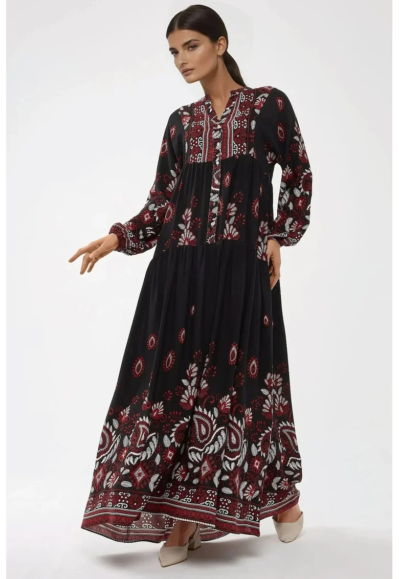 Rochie maxi,  maneca lunga, imprimeu, negru/rosu, viscoza