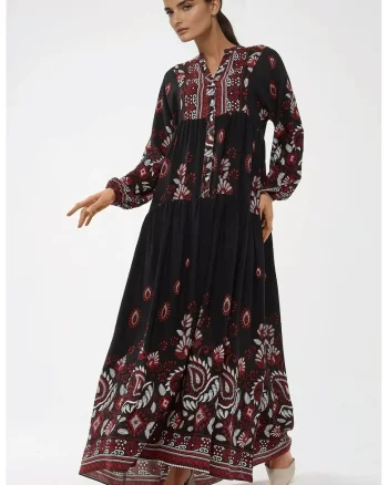 Rochie maxi,  maneca lunga, imprimeu, negru/rosu, viscoza