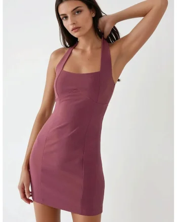 Rochie mini,  mulata cu decolteu patrat, violet, textil