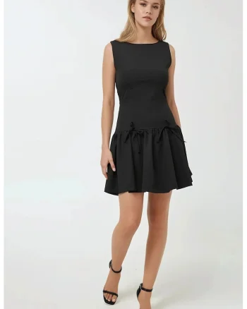 Rochie mini,  mulata cu funde, neagra, bumbac
