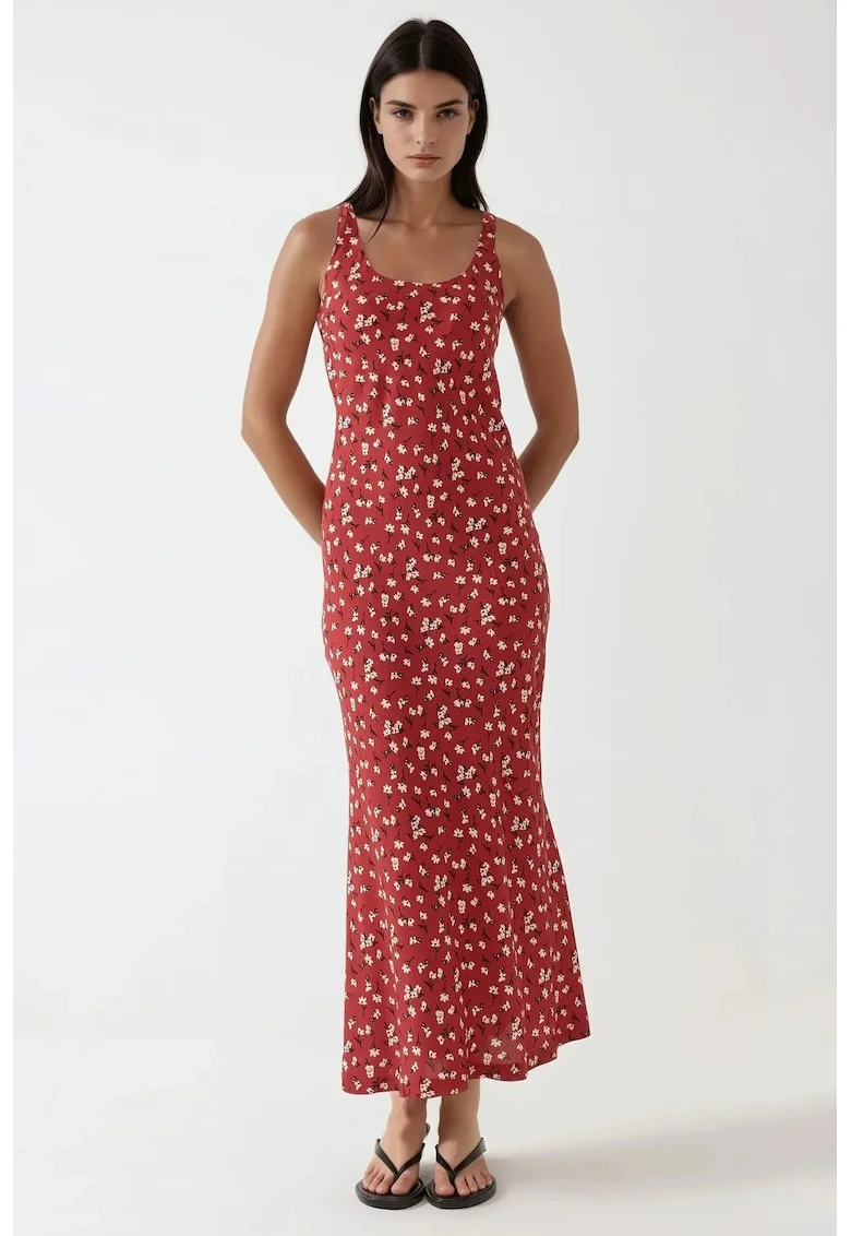 Rochie  floral, rosu, poliester