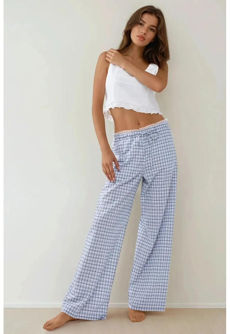 Pantaloni lungi de casa,  carouri, detaliu inima, albastru, poliester