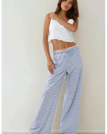 Pantaloni lungi de casa,  carouri, detaliu inima, albastru, poliester