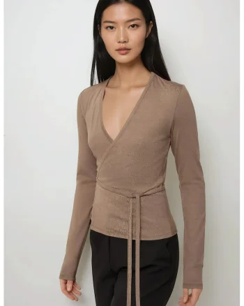 Bluza dama,  tricotata, maneca lunga, decolteu in V, bej, viscoza
