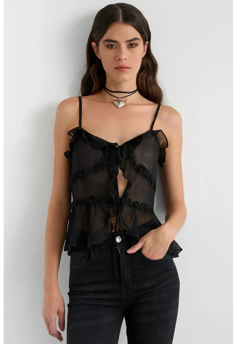 Bluza dama,  din tul cu volane, negru, poliester