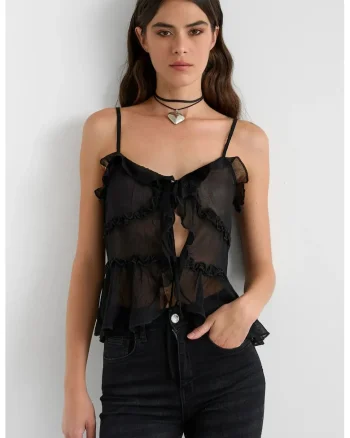 Bluza dama,  din tul cu volane, negru, poliester