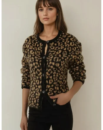 Pulover dama,  cardigan tricotat, imprimeu leopard, croiala lejera, maro, tricot