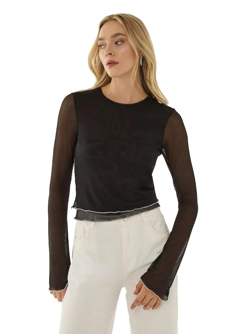 Bluza dama,  semitransparenta, guler rotund, negru, poliester
