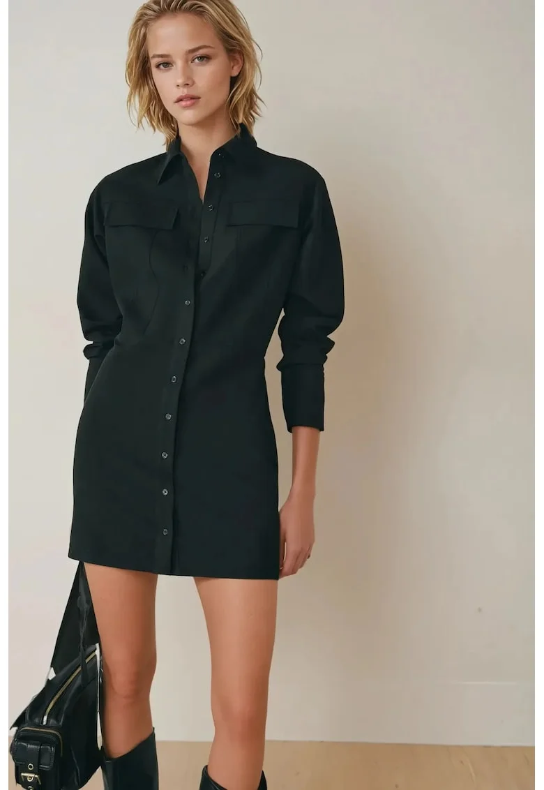 Rochie mini,  cu guler camasa, negru, textil