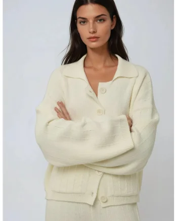 Pulover dama,  cardigan tricotat texturat cu nasturi, natural, acril