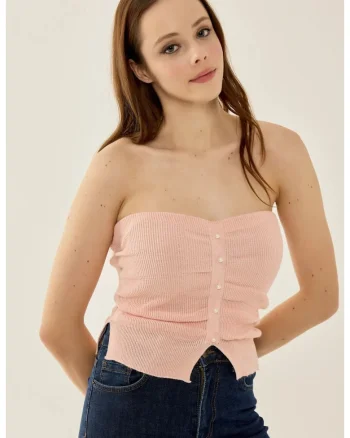 Top tricotat  fara bretele, slim fit, roz, acril