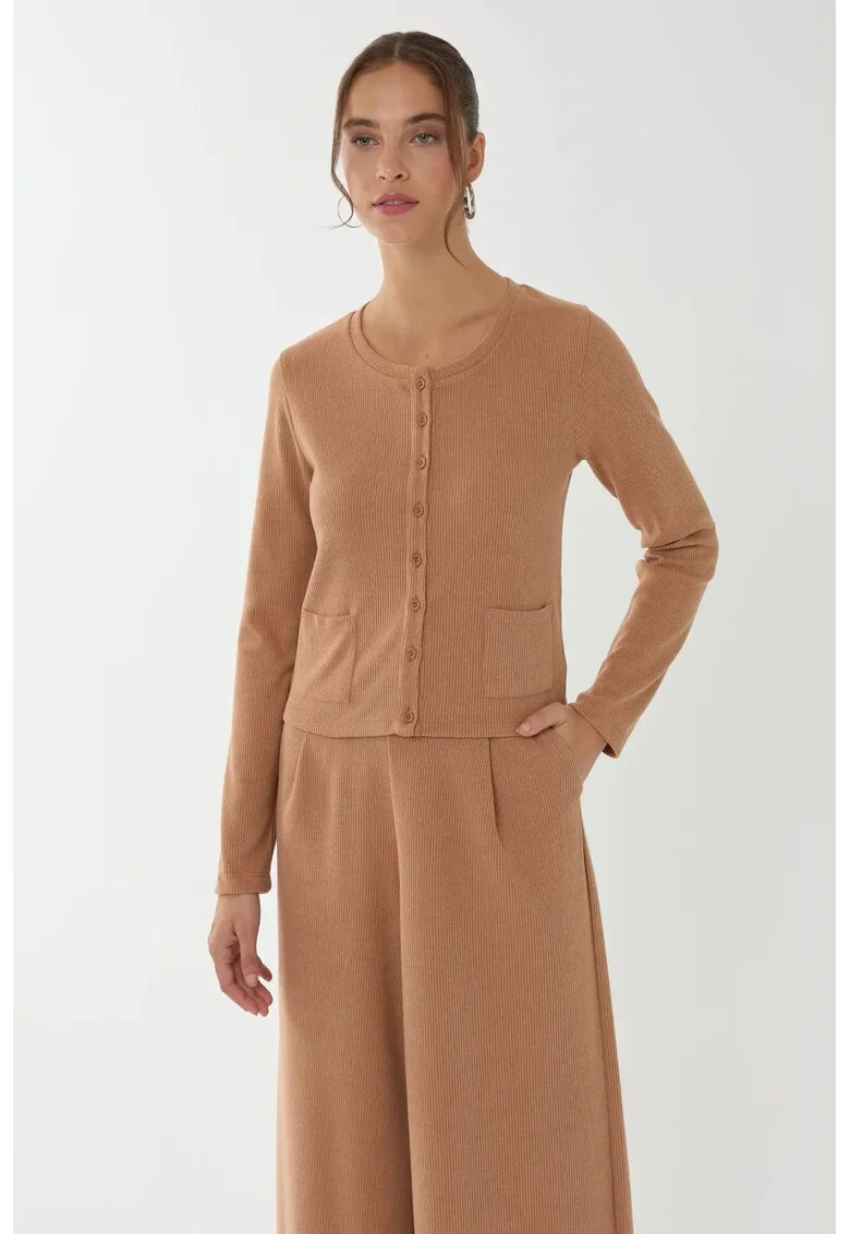 Cardigan tricotat cu nasturi,  maro, poliester-elastan