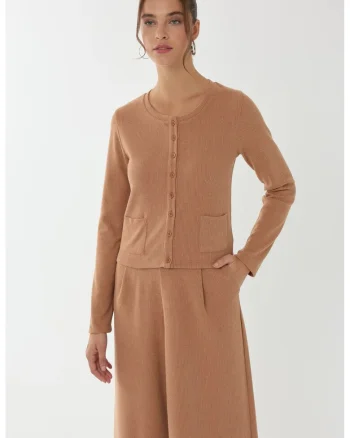 Cardigan tricotat cu nasturi,  maro, poliester-elastan