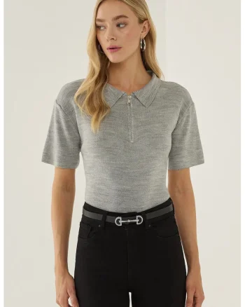 Pulover dama  guler polo, fermoar, gri, acril